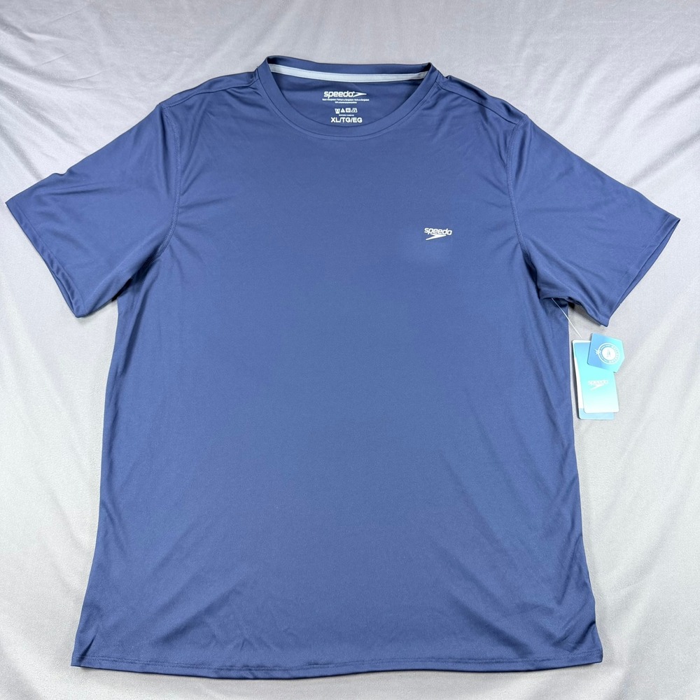 Speedo Mens XL Blue 100% Polyester Short Sleeve Swim Shirt Rash Guard Sun Tee